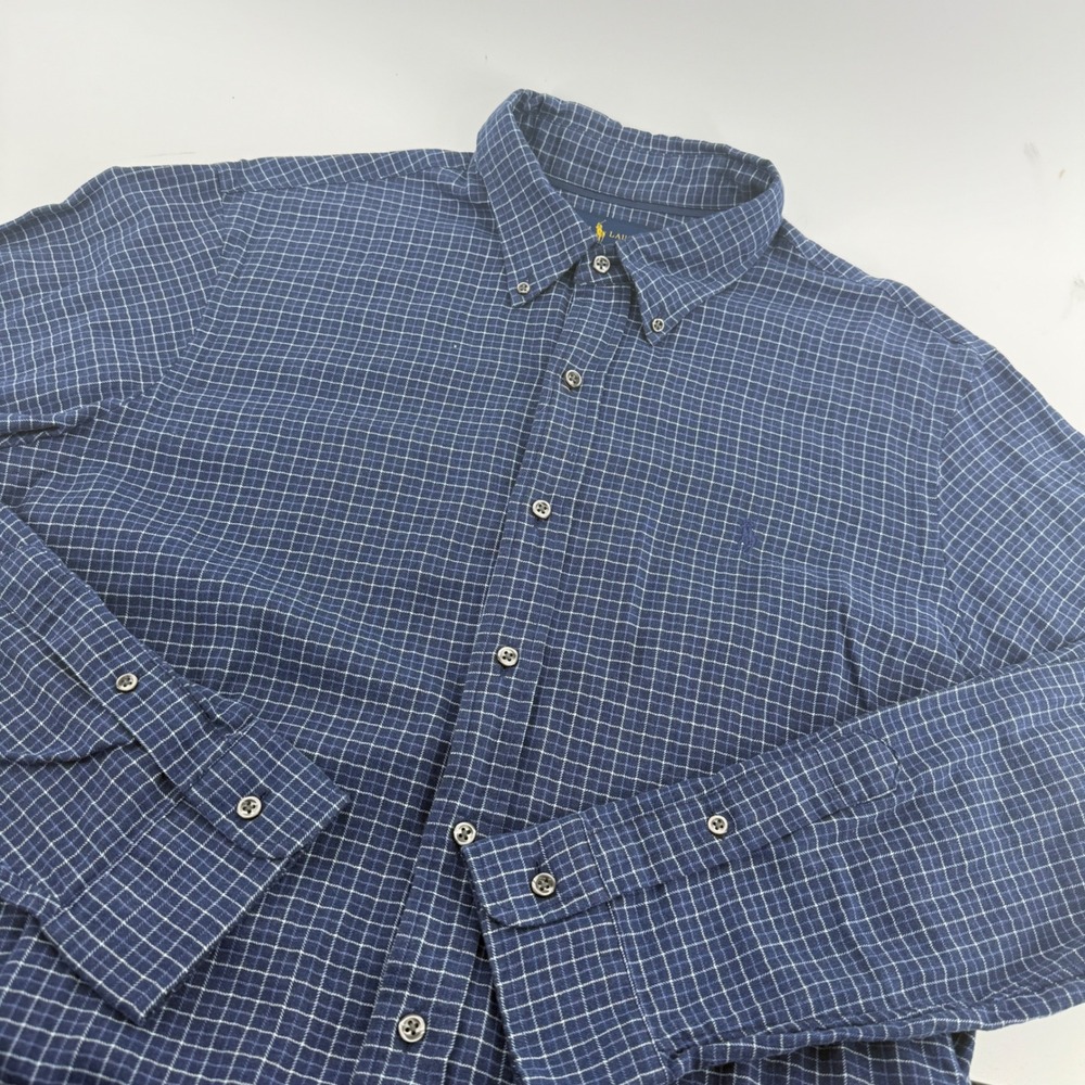 Polo Ralph Lauren Mens XL Classic Fit Flannel Shirt Navy Blue Grid Check Cotton